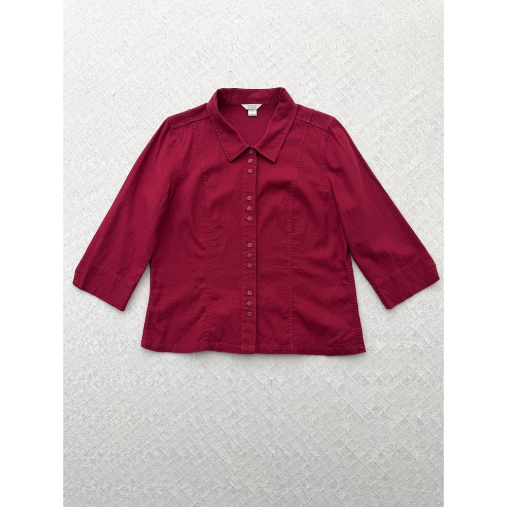 Christopher & Banks Berry Red Linen Blend 3/4 Sleeve Button Down Shirt Medium